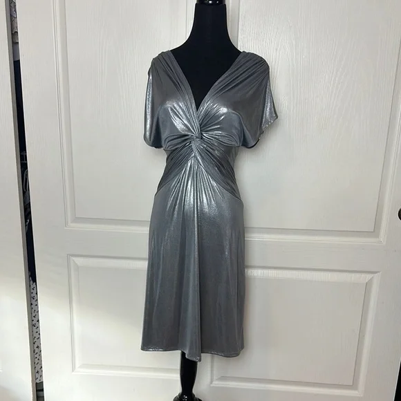 Vintage | Dresses | Vintage Elegant Silver Shimmer Twist Front Midi Dress |  Poshmark
